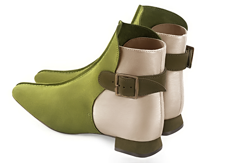 Pistachio green and gold women's ankle boots with buckles at the back. Square toe. Flat flare heels. Rear view - Florence KOOIJMAN